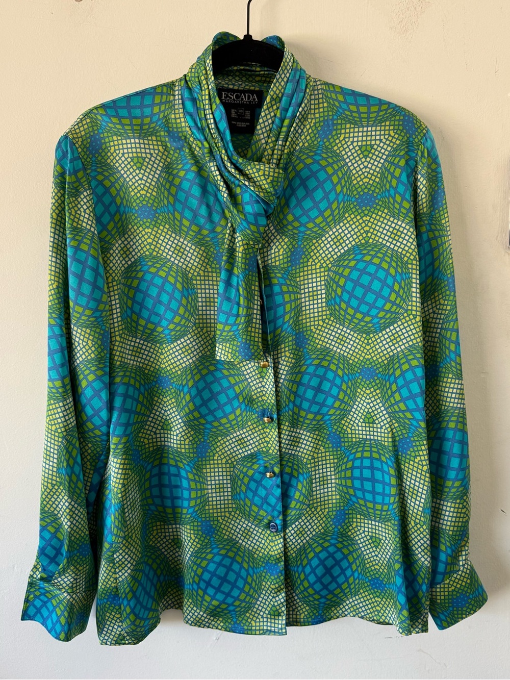 NWT-Vintage Silk Patterned Escada Blouse, Sz 38